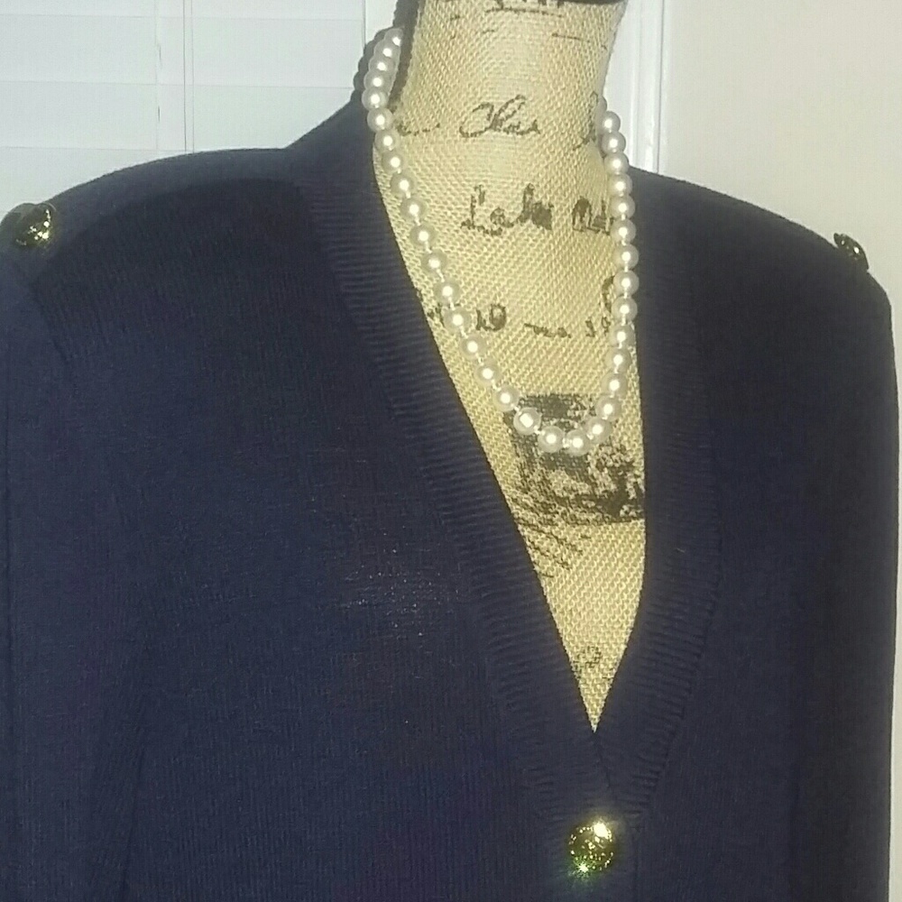 St. John Long Knit Navy Jacket 12 Beautiful Gold Buttons Rare Find PUC